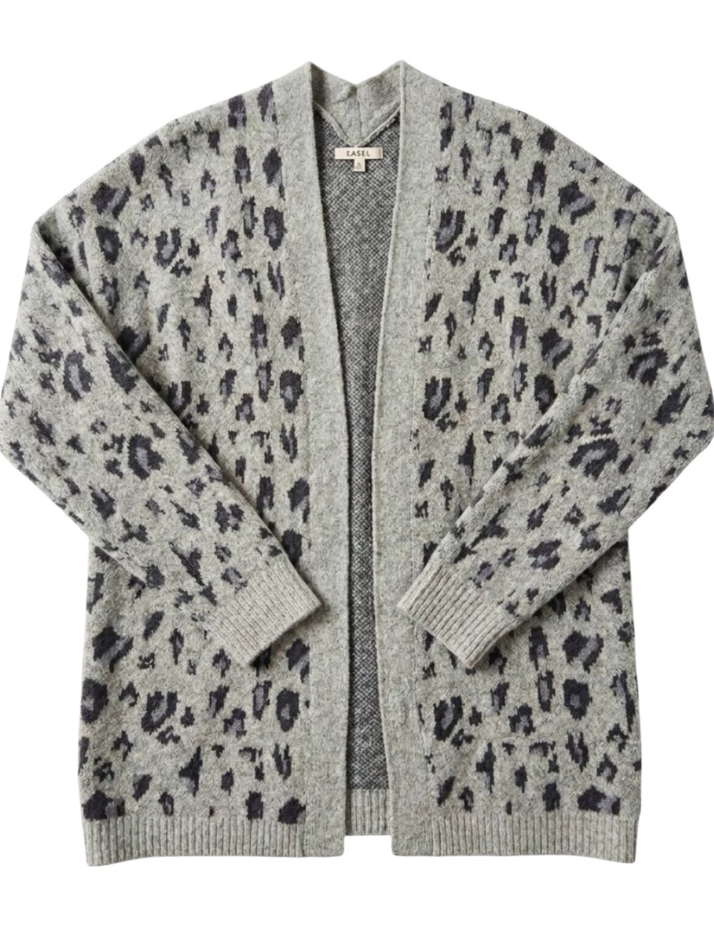 New Easel Leopard Knit Pattern Open Front Long Cardigan Sweater Gray Women Small - Picture 8 of 14